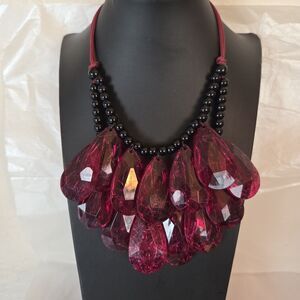 Deep Pink/Red Crackled Acrylic and Black Beaded Necklace